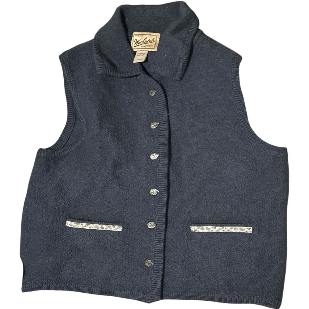 VTG Woolrich Gray Pure New Wool Sweater Vest Transitional Fall Leaves Autumn - M - Picture 8 of 14